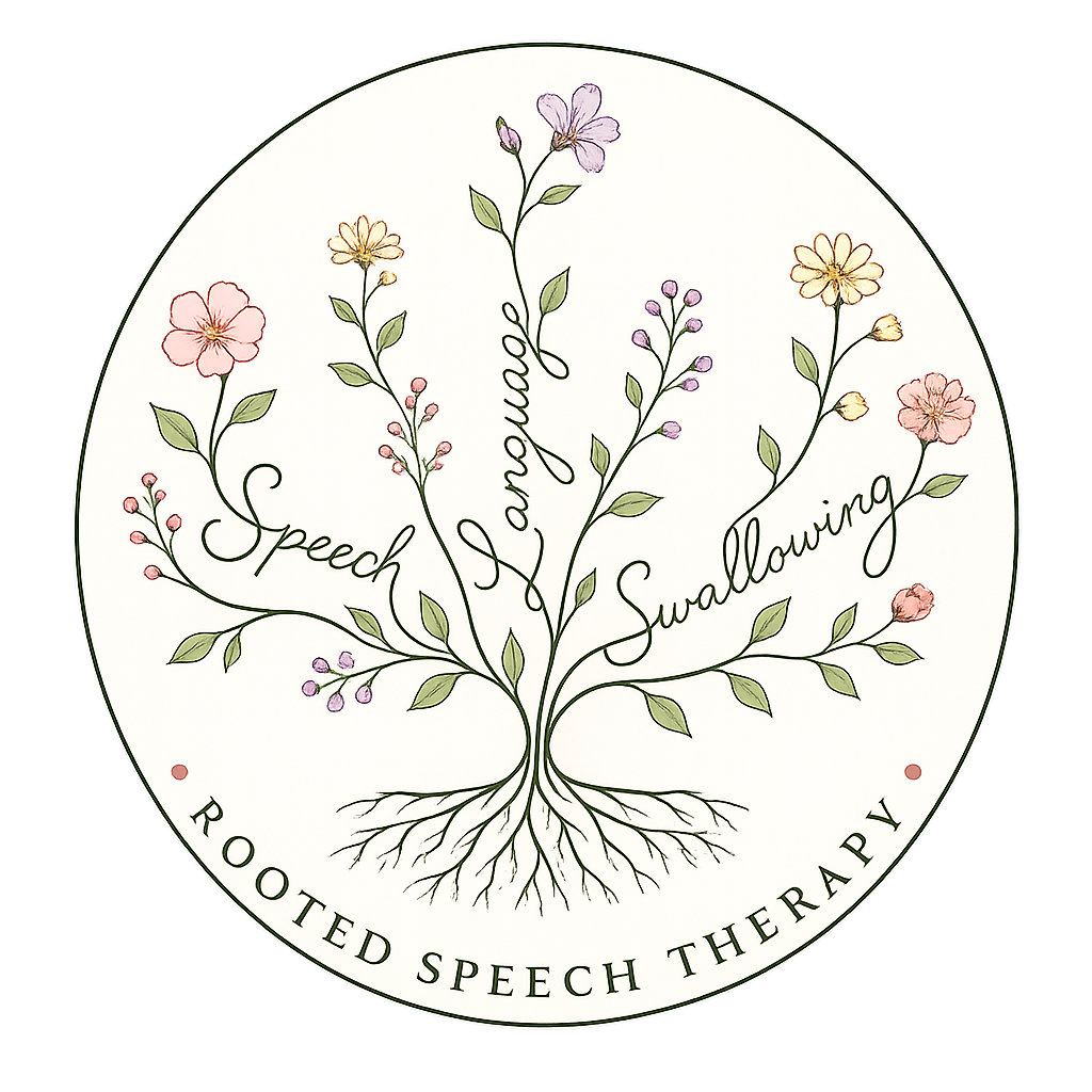 Rooted Speech Therapy logo — a flowering tree with roots, encircled by the words Speech, Language, Swallowing